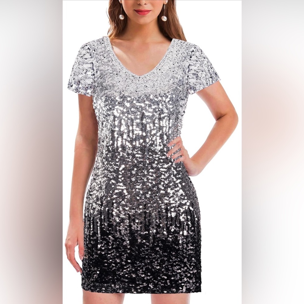 MANER  Sequin Glitter Short Sleeve Dress  V Neck Mini Party Club Bodycon Dress